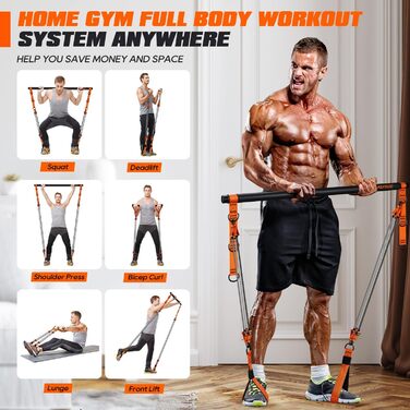 Pilates Bar KUTIZE з гумовими стрічками: набір для фітнесу для чоловіків та жінок, тренажер для ніг, сідниць, спини, рук, пресу, грудей, плечей. Портативний домашній спортзал.