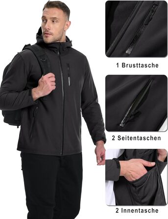 Чоловіча куртка Softshell TACVASEN: водонепроникна outdoor куртка з флісовою підкладкою, вітрозахисна та дихаюча куртка-вітровка з капюшоном для роботи, велосипеда та походів, L, чорна