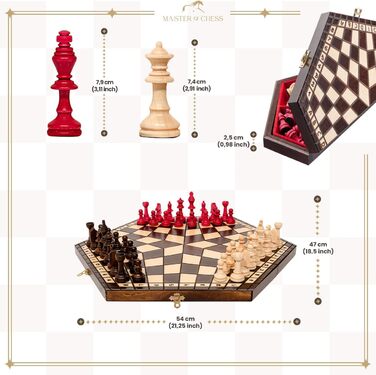 Шахи ручної роботи для 3 гравців | Master of Chess | Шахівниця середнього розміру 33x28 см | Шахи для дітей та дорослих - Engelhart Преміум якість, масивне дерево