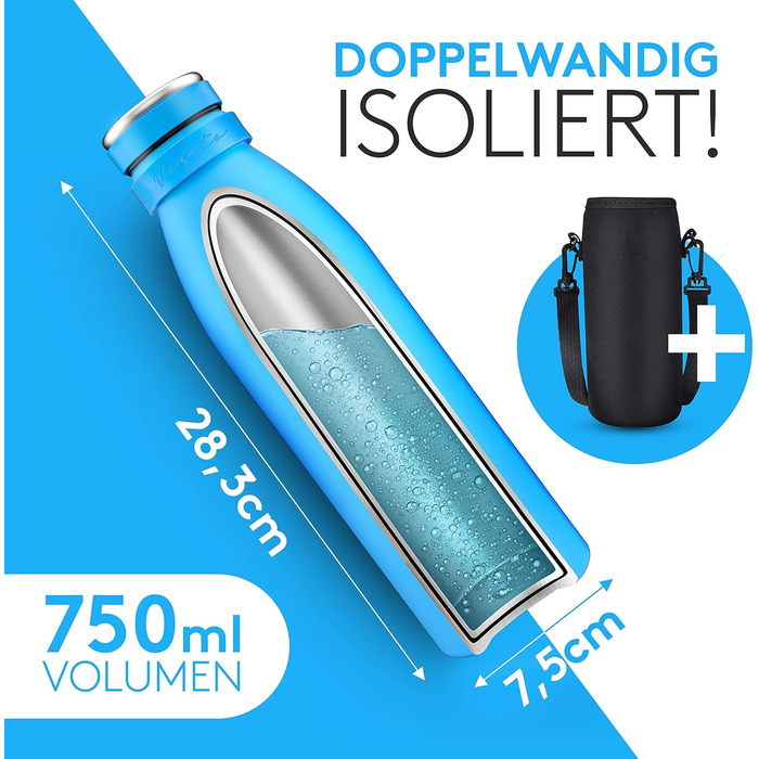 Фляга з нержавіючої сталі 750 мл - ізотермічна, BPA-free, для газованої води, миється в посудомийній машині (Блакитна)