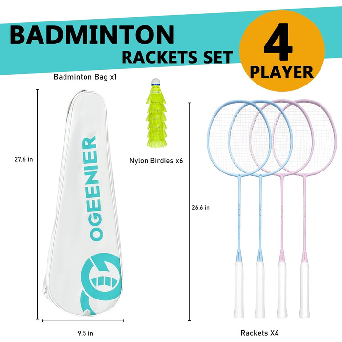 Набір для бадмінтона OGEENIER: 4 ракетки, 6 воланчиків, сумка, 3 1/4 дюйми