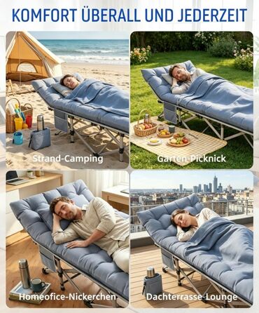 Ліжко туристичне розкладне Feldbett XXL 250 кг 2 шт сіре - 7 зон, 1200D Oxford, кут нахилу 15°, для кемпінгу, саду, палатки