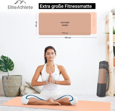Килимок для йоги EliteAthlete - спортивний, фітнес, гімнастичний з неслизькою поверхнею. Розмір 183x61x0.6 см. В комплекті: сумка та ремінь для перенесення. Колір: персиковий - слонова кістка