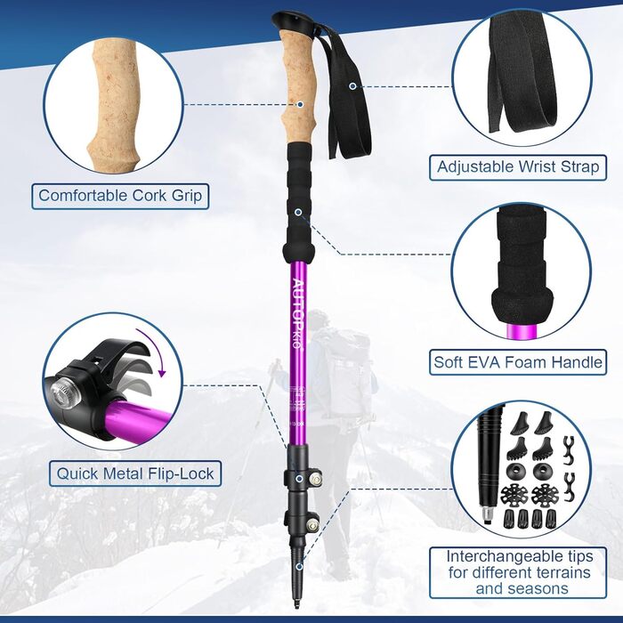 Трекінгові палиці AUTOPkio Nordic Walking, регульовані, алюмінієві 7075, з гумовими наконечниками, для жінок і чоловіків, фіолетові
