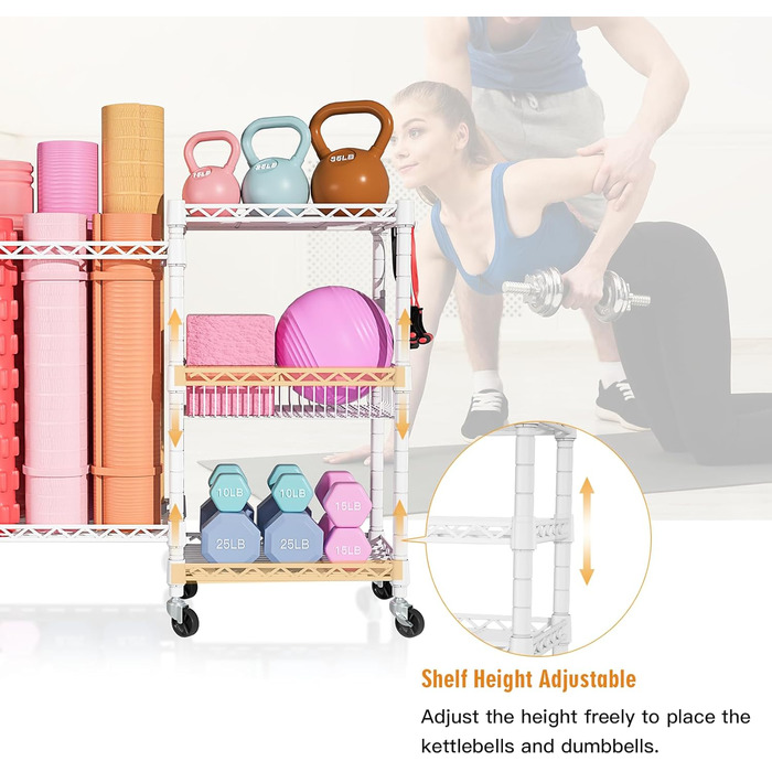 Органайзер для домашнього спортзалу FUTASSI з 3 рівнями, для килимків для йоги, ролерів, гантелей, гир та еластичних стрічок, білий/оптичний сад, подвійний ряд