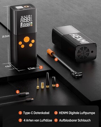 Портативний електричний насос для велосипедів HENMI 150PSI, 6000 мА·год, 5 режимів, з цифровим манометром для авто, мотоциклів, м'ячів