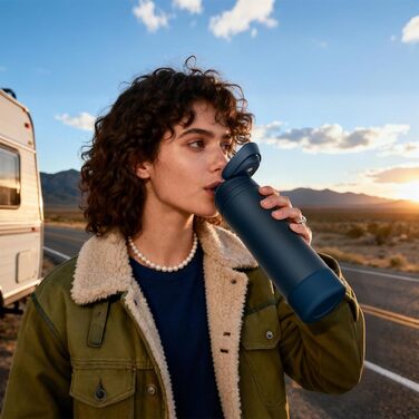 Спортивна пляшка для води Fjbottle з нержавіючої сталі 750 мл, синя — з кнопкою відкриття, силіконовим дном та щіткою для чищення