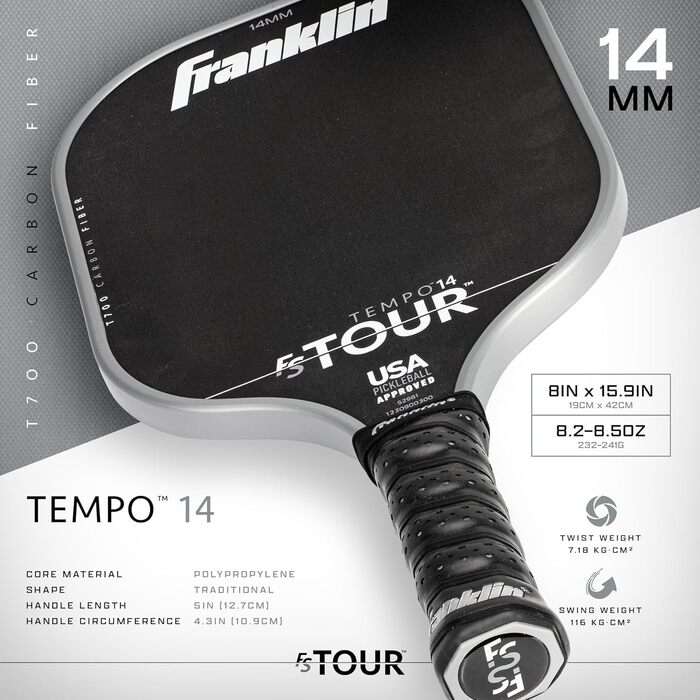 Професійна ракетка для піклболу Franklin Sports Pro FS Tour Series T700 з вуглецевого волокна, 14/16 мм, сірий, синій, рожевий, офіційно затверджена USA Pickleball