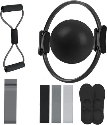 Набір для пілатесу: кільце Magic Circle, еластичні стрічки, м'яч, шкарпетки, тренажер для пресу та гнучкості, чорний