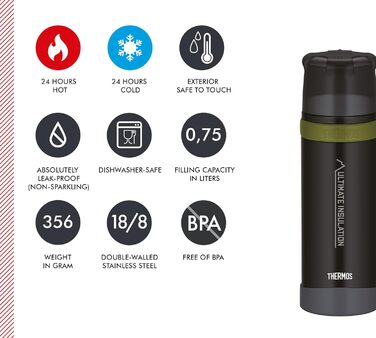 Термос-гірська пляшка для напоїв THERMOS 0,75 л, чорна, нержавіюча сталь з чашкою, 24 години зберігання тепла/холоду, легка та міцна, розбірна кришка, BPA-free