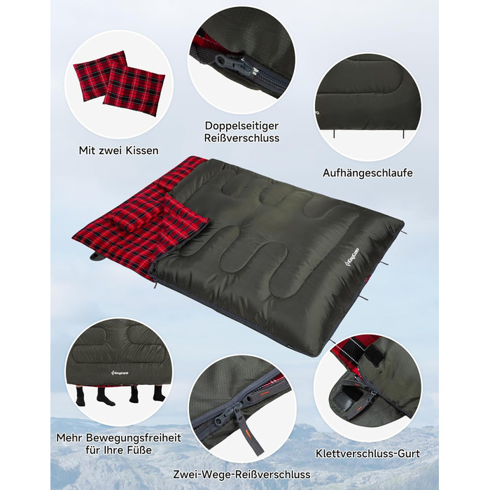 Спальний мішок KingCamp на 2 особи з фланелі, зимовий, для кемпінгу та відпочинку на природі, 3-4 сезони, з 2 подушками, підходить для дітей та дорослих (зелений)