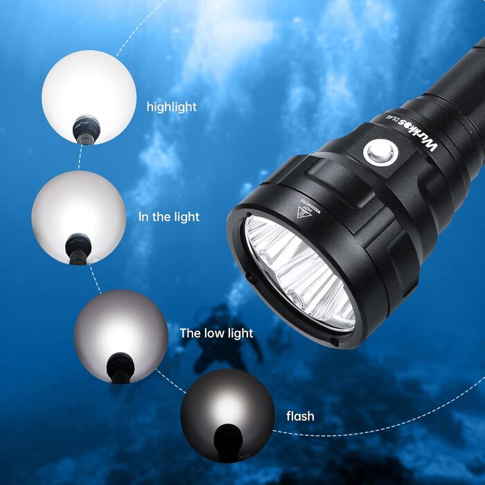Ліхтар під водою Wurkkos Tauchlampe - 150 метрів, 5000 люмен, 4 LED LH351D, акумуляторний, з зарядним пристроєм