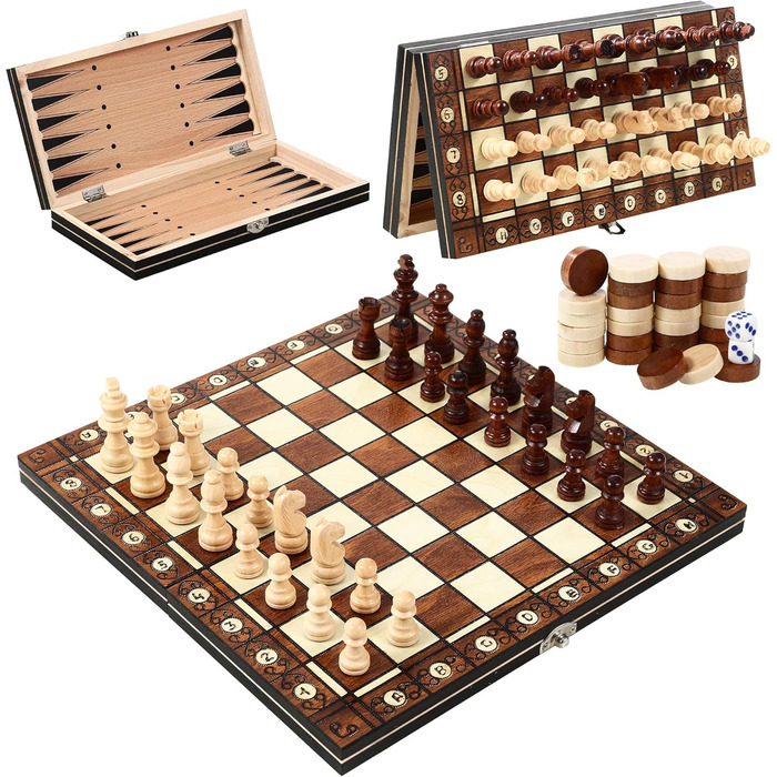 Магнітна шахова дошка 3-в-1 з дерева, 29 x 29 см. Шахи для дітей, для подорожей та сімейних ігор