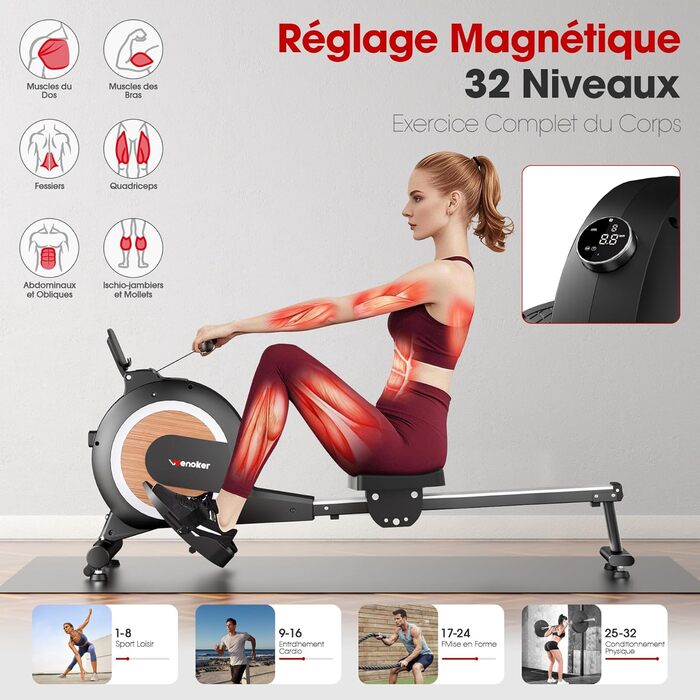 Гребний тренажер Wenoker з магнітним опором, для дому, 32 рівні опору, з додатком, для домашнього спортзалу, кардіотренажер, 160 кг, LCD-монітор (H310C)