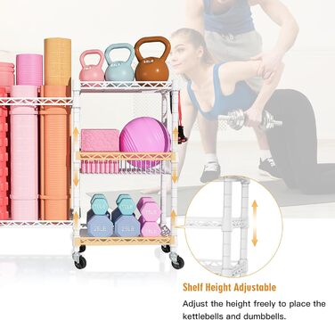 Органайзер для домашнього спортзалу FUTASSI з 3 рівнями, для килимків для йоги, ролерів, гантелей, гир та еластичних стрічок, білий/оптичний сад, подвійний ряд