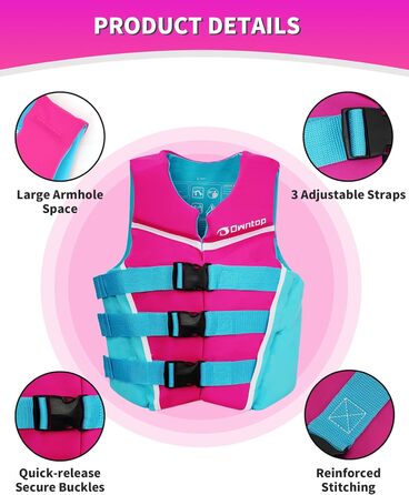 Owntop Плавальна жилетка для дітей та підлітків, регульована, з трьохточковим ременем безпеки, легка, для каякінгу, плавання, риболовлі, снорклінгу (Рожева, M)