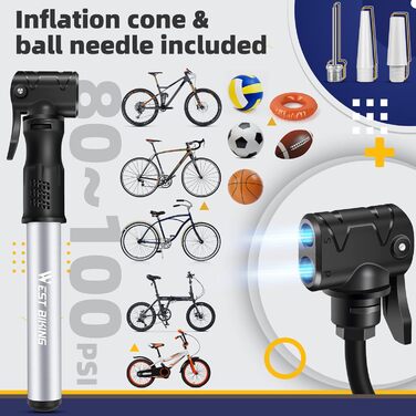 Міні-насос для велосипеда West Biking - алюмінієвий насос для всіх типів вентилів, портативний, швидка накачка, легкий, для MTB, шосе, м'ячів