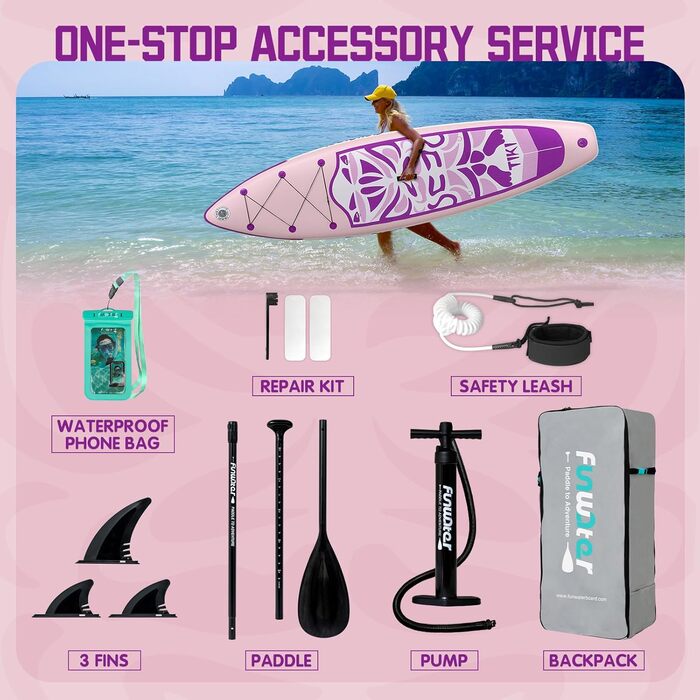 Надувний SUP-борд FunWater 10'6'-11'6' – ідеальний для початківців та сімей, з антиковзким EVA-деком, веслом, насосом та аксесуарами (10'6-TIKI LILA)