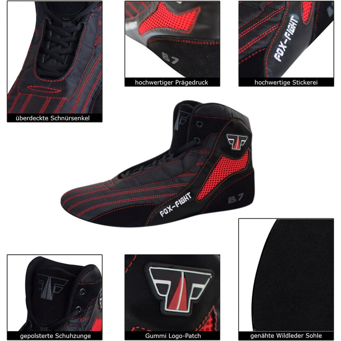 FOX-FIGHT B7: Спортивне взуття для самбо, боротьби та фітнесу | З шкіряною підошвою | Для жінок та чоловіків | Дихаюче, гнучке | Чорний, червоний, 39 EU
