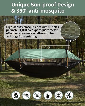 Гамак-намет Travel Bird з москітною сіткою та сонцезахистом, 290x140 см, великий простір, багатофункціональний, легкий, з ременями для кріплення до дерева, підходить для кемпінгу та відпочинку на природі, зелений