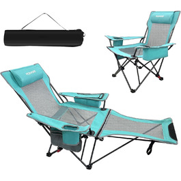 Крісло для кемпінгу Poeopore складне з підставкою для ніг, 4-х секційне, для відпочинку на пляжі та риболовлі, витримує до 120 кг, з кишенькою-холодильником, подушкою та тримачем для напоїв, блакитне