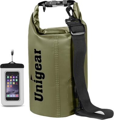 Водонепроникний мішок Unigear Dry Bag 2L/5L/10L/20L/40L для каяку, риболовлі, кемпінгу, пляжу, з кишенею для телефону та ременями, армійний колір
