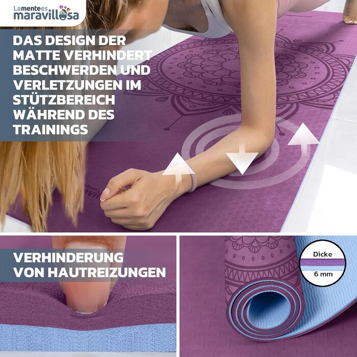Килимок для гімнастики та йоги з неслизькою поверхнею, з чохлом та E-book, 183x61 см, Мандала фіолетовий