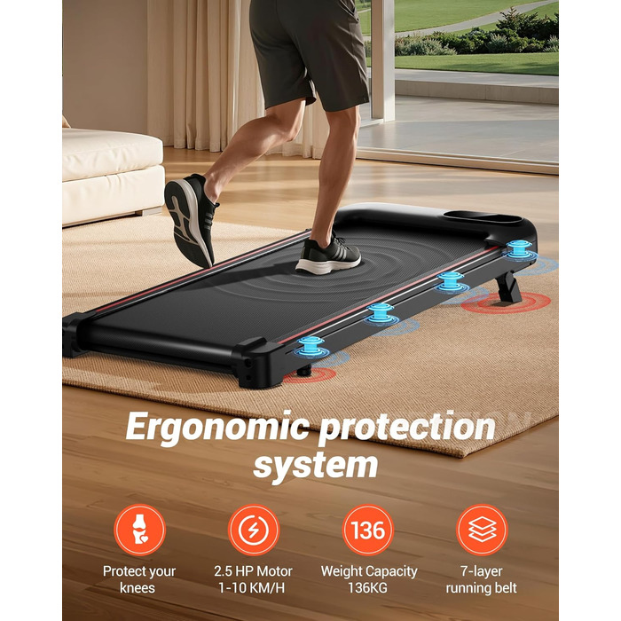 Ходьба-біговий тренажер з нахилом 15%, швидкість 8-10 км/год, для дому, з трійною амортизацією та тихим 2.5PS мотором, стіл для бігу, максимальне навантаження 136 кг, 8 км/год