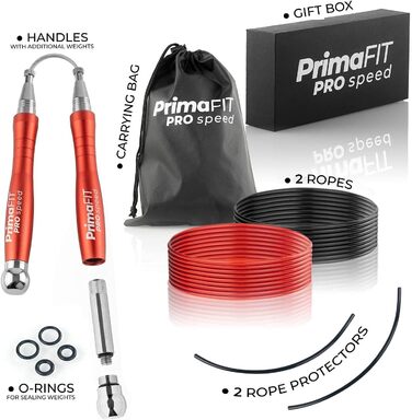 Скакалка PrimaFIT для дорослих 3м, регульована з обважнювачами, 2 підшипники, антиковзні ручки, сталева мотузка, для боксу, MMA, кросфіту, з чохлом, червона