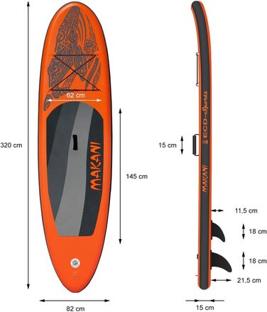 Надувна SUP-дошка ECD Germany Makani 305/308/320/380 см, PVC, до 120/150 кг, товщина 10/15 см, з каяк-сидінням, комплект із сумкою, веслом, для серфінгу та веслування, помаранчева