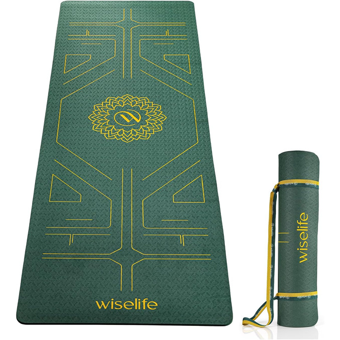 Килимок для йоги Wiselife Tru Alignment із ременем, TPE, 6 мм, екстра товстий, довгий і широкий, смарагдовий, для жінок і чоловіків