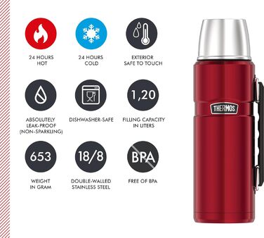 Термос Thermos Stainless King 1,2 л, нержавіюча сталь, з ручкою, червоний