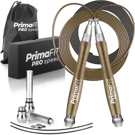 Скакалка PrimaFIT для дорослих: професійна, регульована, з вагою, 3м, 2 підшипники, антиковзні ручки, для боксу, MMA, кросфіту, сталевий трос, сумка (бронза)
