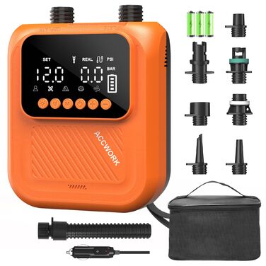 Аккумуляторний електричний насос для SUP дошки Accwork 20 PSI з адаптерами (каяк, надувний матрац)