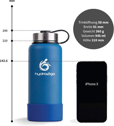 Герметична термос-пляшка з нержавіючої сталі hydro2go X-AlpsBottle 1 л, вакуумна ізоляція, 3 кришки, подвійні стінки, спортивна пляшка для напоїв, блакитна