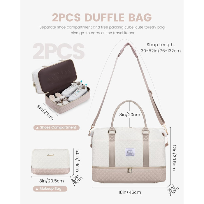 Спортивна сумка LOVEVOOK для жінок з відділенням для взуття, ручна поклажа, дорожня сумка, сумка для вихідних, дамська сумка для подорожей, клінічна сумка, сумка для пологового будинку, для спортзалу, пляжу, сауни, кемпінгу (L-2шт, Бежевий, Ніжний рожевий