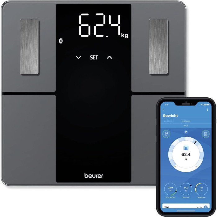 Beurer BF 500 Діагностичні ваги з Bluetooth, електронні ваги для аналізу складу тіла, вимірювання жиру та м'язової маси, сумісні з додатком, великий дисплей