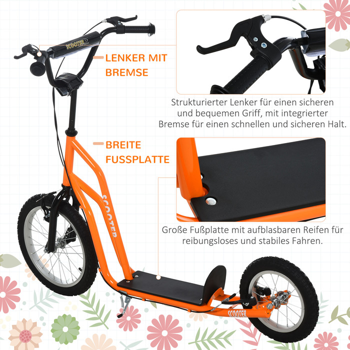Дитячий самокат HOMCOM від 5 років Kick Scooter City Scooter з пневматичною шиною 16 дюймів Передній 12 дюймів Задній Помаранчевий 135x58x88-94 см