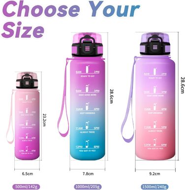 Спортивна пляшка 1л з маркуванням часу, фільтром, для води з газом, велосипеда, бігу, дорослих (1000 мл, Rosenfuchsien-cyan)