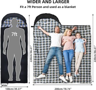 Сплячий мішок GEERTOP XXL 4 сезони, фланелевий, 220x100 см, для дорослих, кемпінг, подорожі, туризм, чорний у синьому клітинку