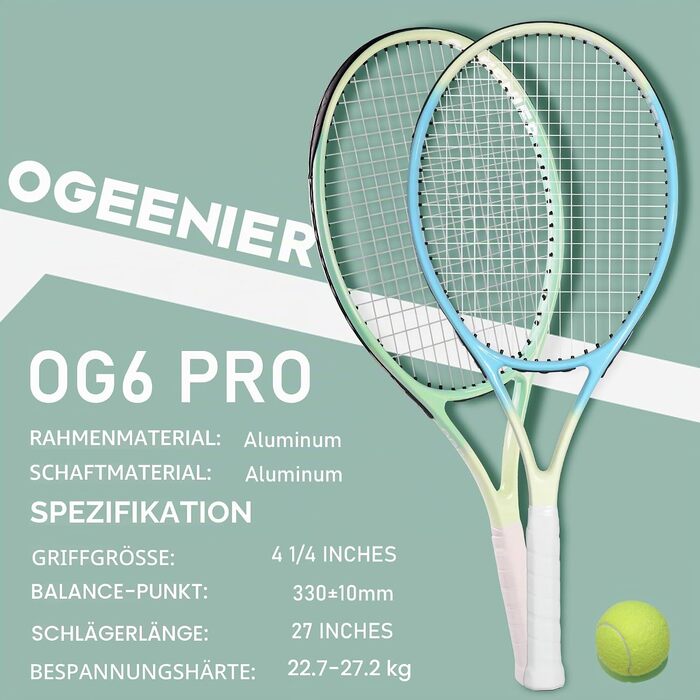 Набір тенісних ракеток OGEENIER (2 шт), 27 дюймів для дорослих, чоловічі та жіночі, для початківців: з 3 м'ячами, 2 обмотуваннями ручки, 2 віброгасителями та сумкою, зелений/блакитний