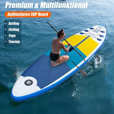 Надувний SUP Борд для вейкбордингу (2+1 особи/сім'ї), Surfboard для дорослих, вантажопідйомність до 150 кг, повний комплект з веслом, плавниками та рюкзаком (SUP20YG-Blue White)