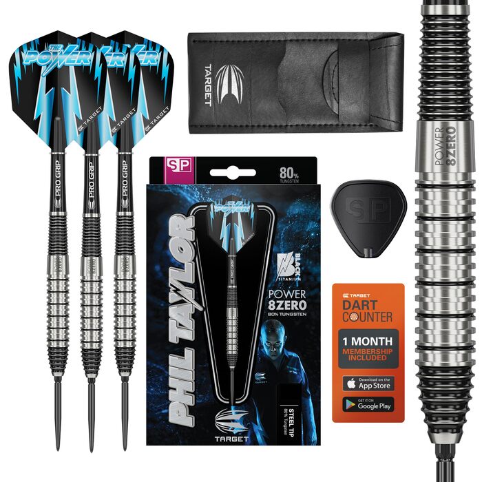 Дарти сталеві Target Darts Phil Taylor Power 8-Zero (80% вольфрам, 22/24/26г) + Swiss Point наконечники, Pro Grip шафти, No.6 пір'я