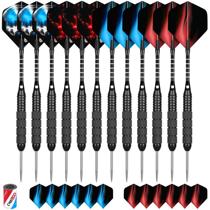 Професійні сталеві дротики CyeeLife з металевими наконечниками (12 шт.) + 24 пір'я + точилка, 22 г (Чорні)