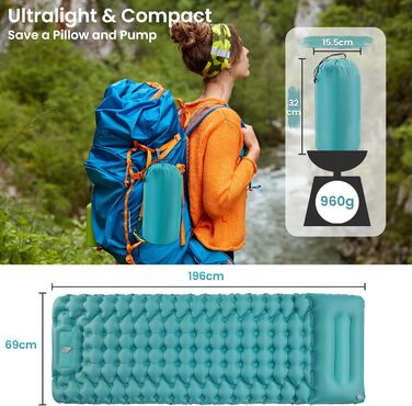 Килимок для кемпінгу Satisure Isomatte: самонадувний, водонепроникний, ультралегкий, з насосом для ніг, односпальний