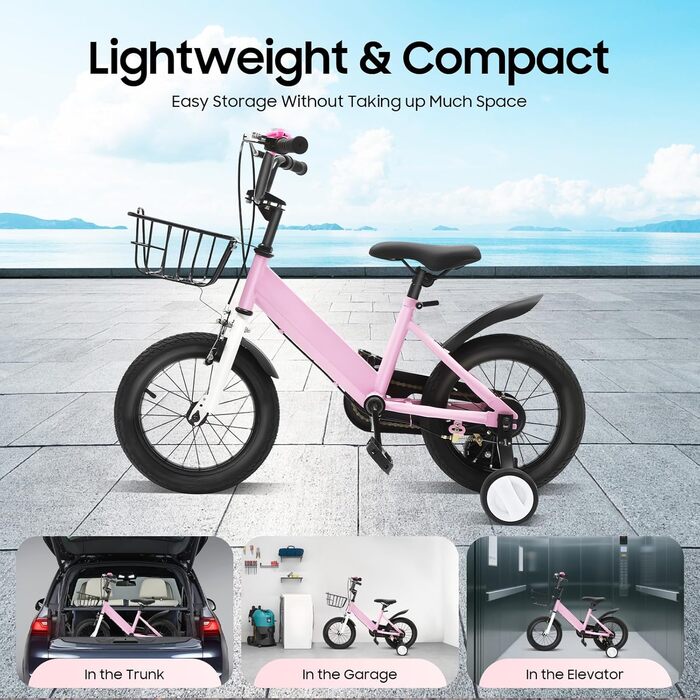 Дитячий велосипед 14 дюймів, регульована висота, рожевий велосипед для дівчаток 3-5 років. З додатковими колесами та кошиком. Ідеальний для навчання та катання на вулиці.