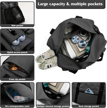 Спортивна сумка для жінок та чоловіків з відділенням для взуття та вологих речей, водонепроникна сумка для подорожей, тренувань, басейну та сауни (Чорна)