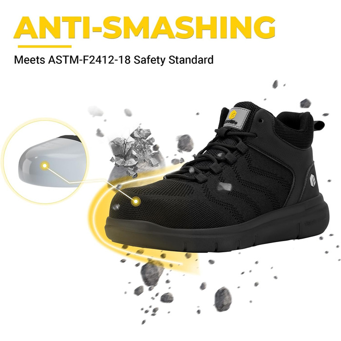 Черевики безпеки FitVille для чоловіків, X-широкі, з металевим носком, легкі, дихаючі, антипрокольні, протиковзкі, чорні, 47 EU