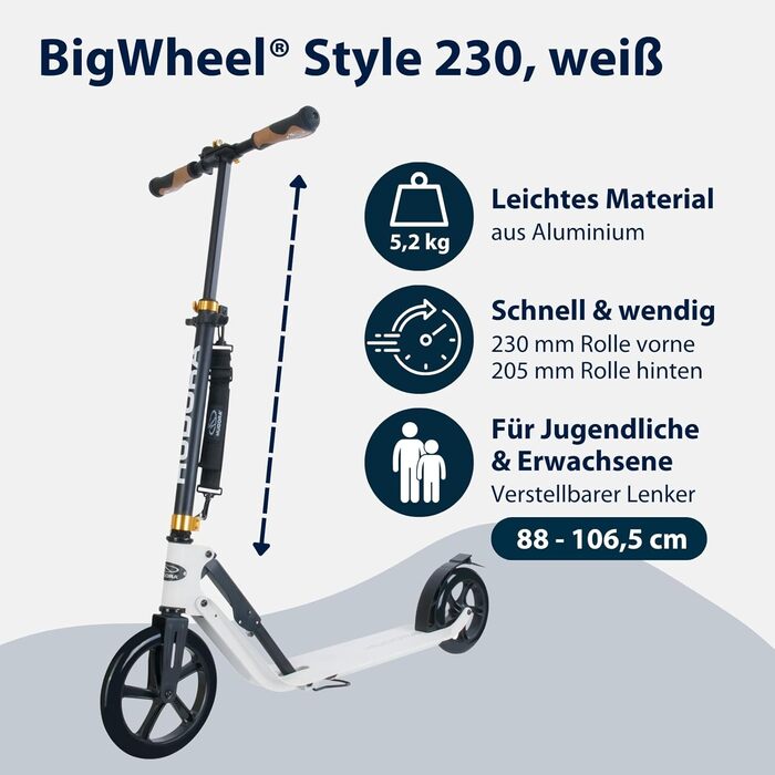 Самокат HUDORA BigWheel Style 230, алюмінієвий, складаний, великі колеса, для міста, для дорослих та підлітків, до 120 кг, білий
