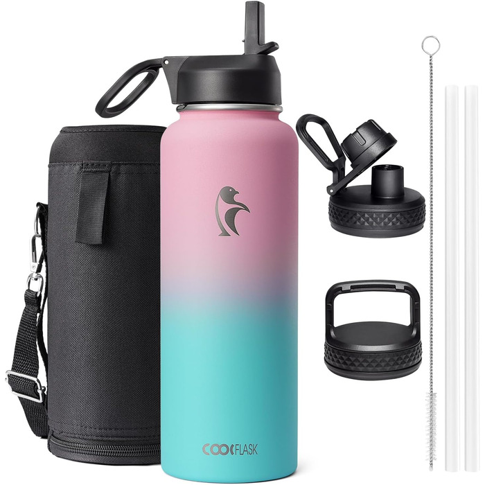 Термос-бутилка Coolflask 1180 мл з трубочкою, 3 кришки, металевий, вакуумний, для спорту та офісу, Bubble Gum
